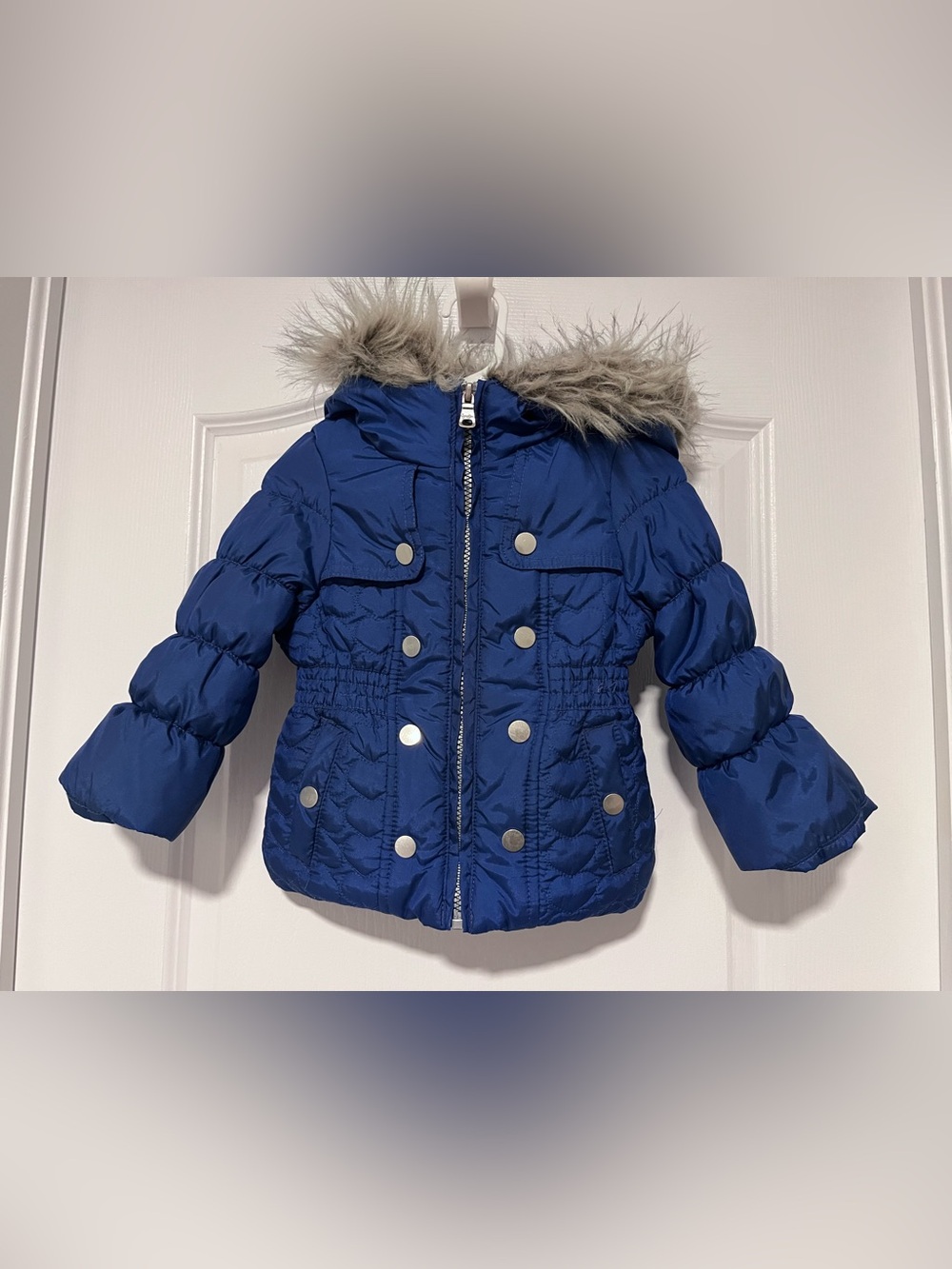 Jessica Simpson Girls' Royal Blue Quilted Puffer Jacket with Faux Fur Trim